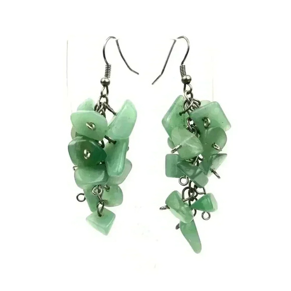 Natural Green Quartz Cluster Earrings Silver Tone Metal Hook Style Jewelry Boho - Picture 3 of 9